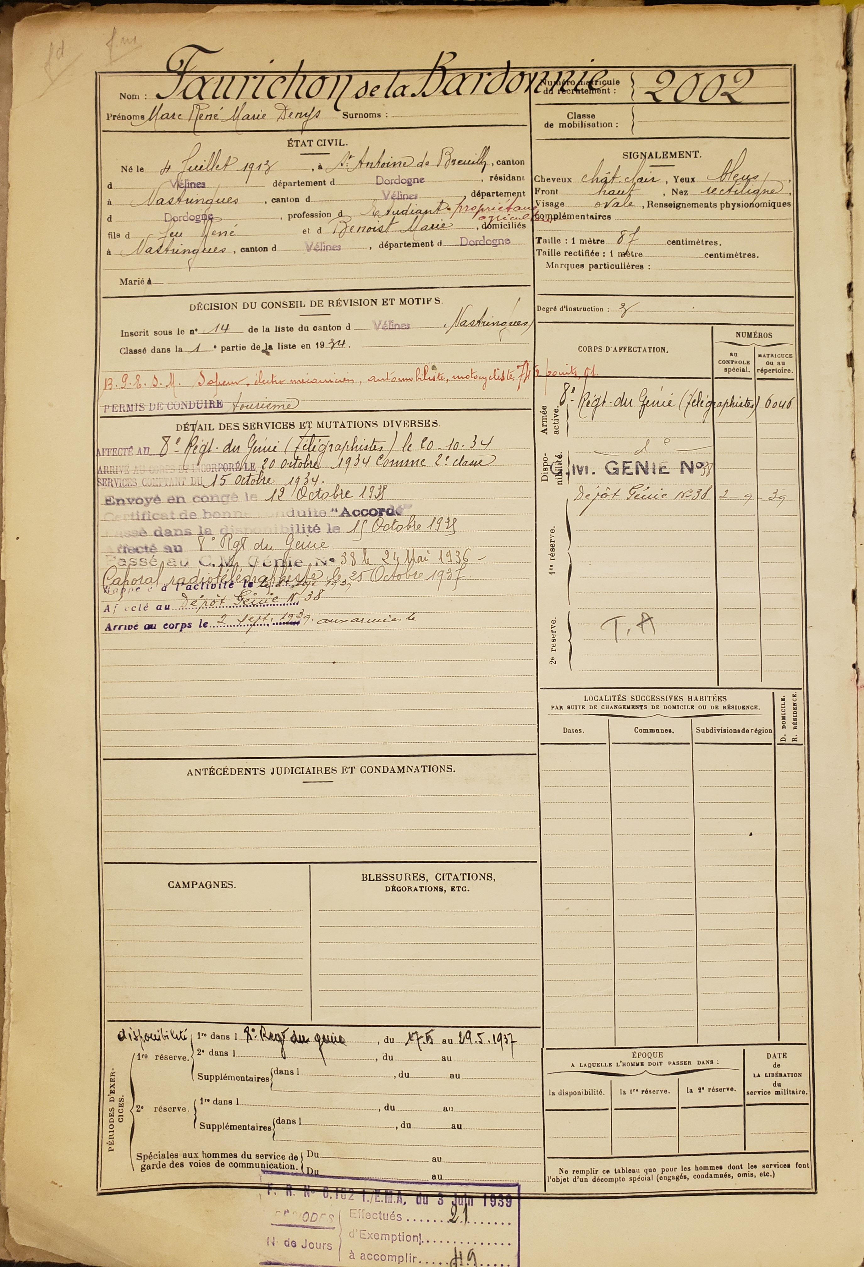 Fiche matricule Marc - Archives Dordogne